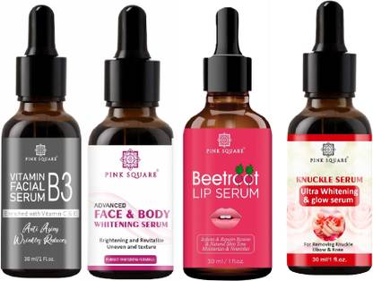Pink Square Vit-B3 Serum, Face-Body Whitening, Beetroot Lip Serum & Knuckle Serum (Each,30ml)