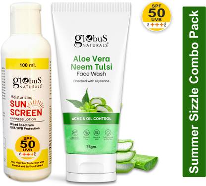 Globus Naturals Summer Sizzle Set - Sunscreen Lotion SPF 50++ 100 ml & Aloe Vera Neem Tulsi Face Wash 75 gm