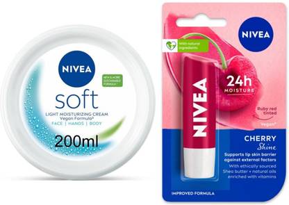 NIVEA Cherry Shine Lip Balm 4.8g & Soft Light Moisturizing Cream 200ml (Pack of 2)