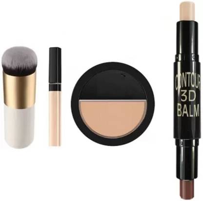 Lenon Combo OF 2in1 professional 3d contour stick, pressed powder compact, liquid concealer & foundation/blush brush(white)