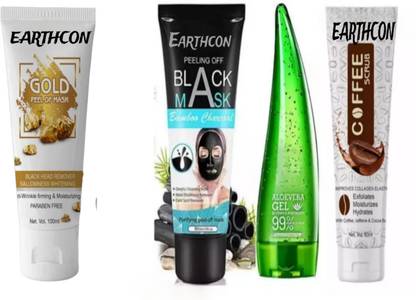 Earthcon Gold peel mask,charcoal black mask.aloevera gel,coffee mask combo kit