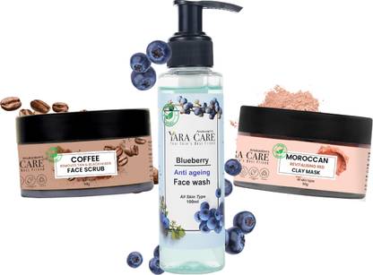 Anukoolam's YARA CARE Combo of Coffee Face Scrub , Blueberry Face Wash and Moroccan Clay Mask