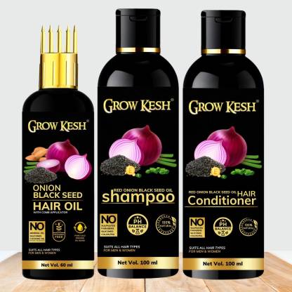 Growkesh Red Onion Black Seed Oil Hair Care Kit (Shampoo+Conditioner+Hair Oil)