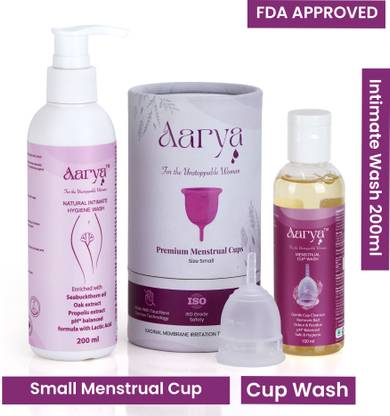AARYA Period Combo Kit for Women - Small Size | Menstrual Cup, Liquid Wash for Cup (100ml), Natural Hygiene Intimate Wash (200ml)