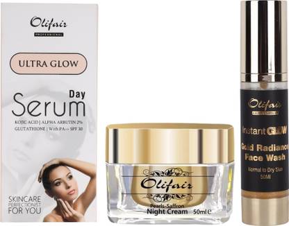 Olifair All Day Bridal Skincare Routine Combo (Night Cream, Day Serum and Gold Facewash) 130 ml