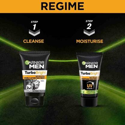Garnier Men TurboBright Double Action Facewash 100g + Anti-Pollution TurboBright UV Cream-40g