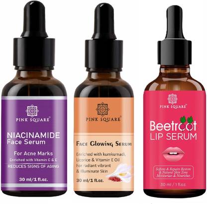 Pink Square Niacinamide Face Serum, Face Glowing Skin Serum & Beetroot Lip Serum (Each,30ml)