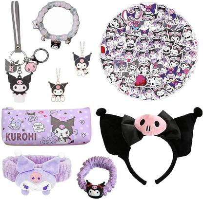 maycreate Kuromi Gift Set 9 Pieces Spa Plush Headband Bracelet Necklace Keyring Stickers