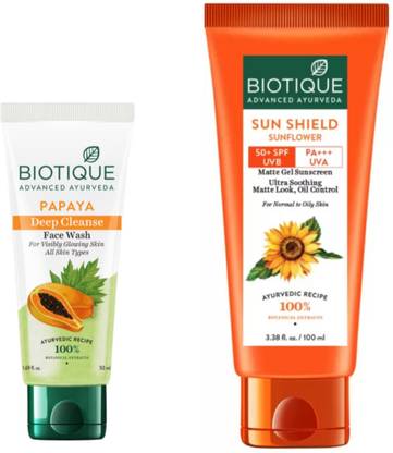 BIOTIQUE PAPAYA DEEPCLEANSE FACE WASH 50ML, SUNSHIELD SUNFLOWER SUNSCREEN 50+SPF 100ML