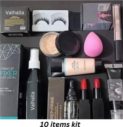 Valhalla 10 items kit serum, fixer, concealer, foundation, inflammable, loose powder, puff, eyelash, combo lipstick