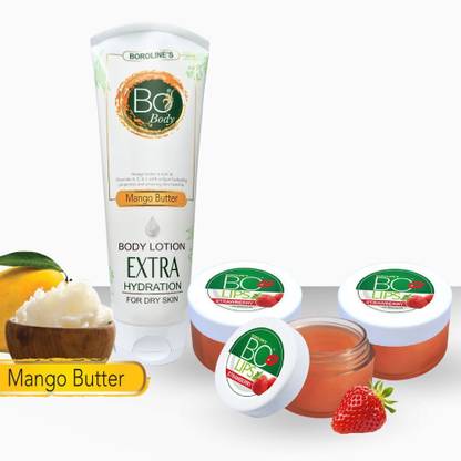 BOROLINE Bo Body Lotion With Deep Moisturizer 100 ml For Dry Skin + Bo Lips Strawberry 10 gm X 3