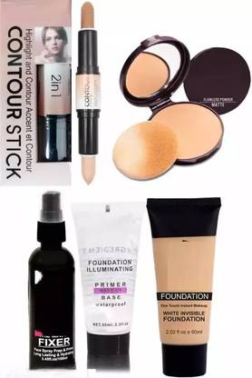 POMORA 5Pc Professional Makeup Combo Kit Makeup Fixer, Primer, Foundation, Compact, Contour Stick