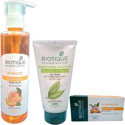 BIOTIQUE Bio Apricot Refreshing Body Wash 200 ML+Morning Nectar Moisturizer 150 ML & almod oil soap bar 150 G