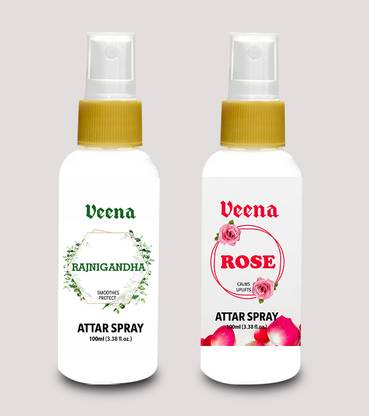 Veena Combo Attar Spray, for Home Temple Perfume and Attar for temple and Personal use (Rajnigandha & Rose 100 ml)