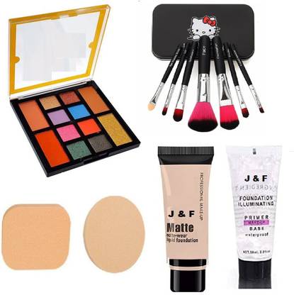 J & F 12 Clr Eyeshadow,2 in 1 Puff,7 Pcs brush,Foundation,Primer