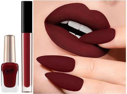 Sh.Huda Makeup Beauty Combo Pack of Lipstick with Matching Shade Nail Polish Set, Matte Finish MAROON EDIION