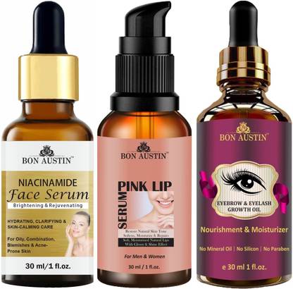 Bon Austin Niacinamide Face Serum & Pink Lip Serum & Eyebrow-Eyelash Growth Oil (Each,30ml) Set of 3