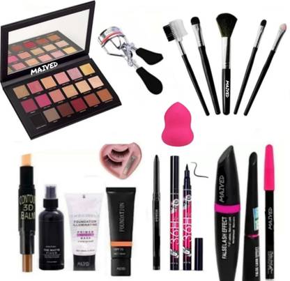 Hezruck 18 Colour Eyeshadow Palette with5Pc Makeup Brushes,Fixer ,Primer , Foundation, Contour stick, kajal with Eyelash