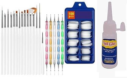 Miss Hot 15 pcs Nail Art Brush & 5 Nail Art Design Dotting Painting Drawing With 100 Pcs Reusable Acrylic False Nails or 1 Big Nail Glue