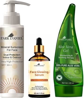 PARK DANIEL Dual Protection Sunscreen 100ml, Face Glowing Serum 30ml & Aloe Vera Gel 130ml