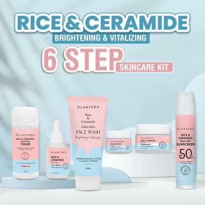 GLAMVEDA Korean Glass Skin Rice & Ceramide 6 Step Daily Skincare Routine For Women | 6 Items with Premium Gift Box