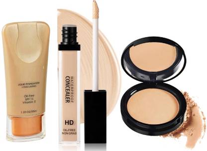 REIMICHI Liquid Foundation Long Lasting Spf 15 Vitamin E & Liquid Concealer With Oil Control Pressed Compact Powder for All Skin Tones