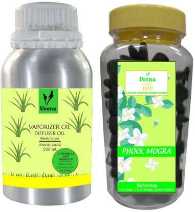 Veena Combo Natural Mosquito Citronella Diffuser 500 ml, With Dhoop Cones Mogra For Pooja