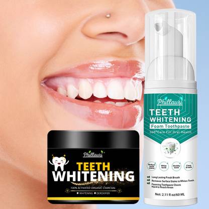 Phillauri Charcoal Teeth Whitening Foam & Powder Combo kit Removes Bad Breath Fights Germs For Women & Men