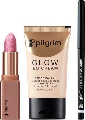 Pilgrim Chic Haseena Glitter Lipstick, Honey Glow BB Cream & Kajal Combo