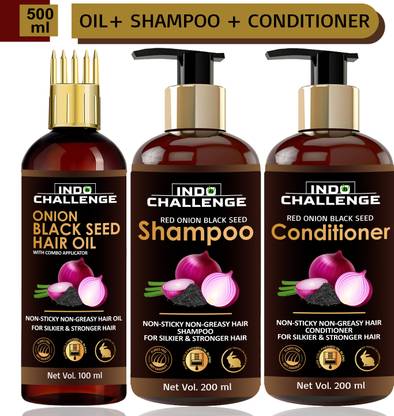 INDO CHALLENGE Onion Complete Hair Solution Combo Kit with Onion Oil Shampoo Conditioner Serum