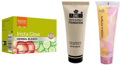VLCC Insta Glow Herbal Bleach (27g), White Invisible Foundation (60ml) & NEW IMPROVED Face & Body Celansing Scrub Gel (100ml)