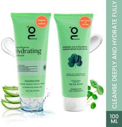 GLOWRICO NaturEssence Hydrating Facewash(100ml) + Ceramide, Cica & Hyaluronic Barrier Repair Glow Cream(100ml) Tested Dermatologically