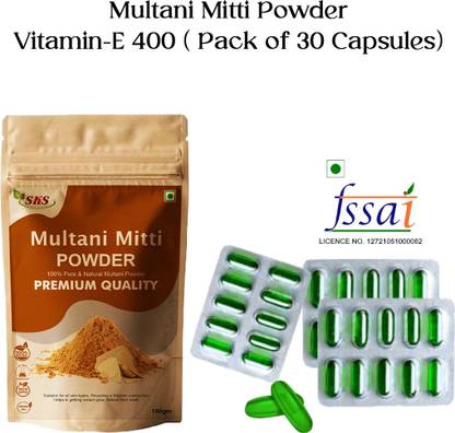SKS BIOTECH Multani Mitti Powder for Tan Removal with Vitamin E 400mg Capsule for Skin & Hair Care