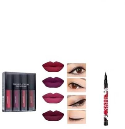 DAQ Fiftyshades Waterproof Proof eyeliner plus 4 Liquid Lipstick, Long Lasting (4+1) 4 ml (red)