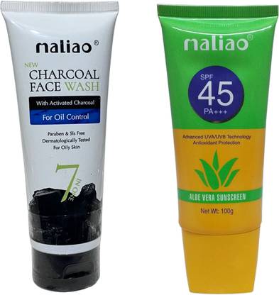 maliao Charcoal Deep Cleansing Face Wash And Aloe Vera Sunscreen Broad Spectrum Spf 45Pa+++