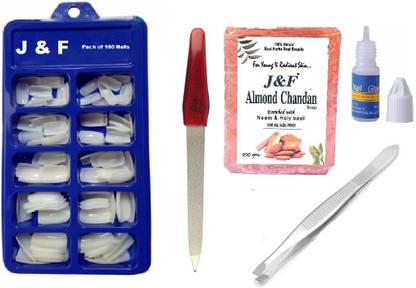 Zailie Fake Nails with Glue ,Plucker ,Nail Filer ,Almond Chandan Soap