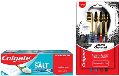 Colgate Active Salt Toothpaste and ZigZag Charcoal Medium Bristle Toothbrush