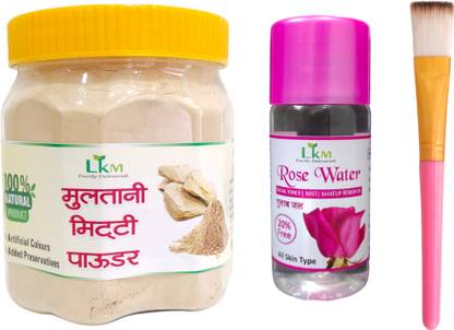 LKM Face Pack Multani Mitti 250 Gm ,Rose Water 120 Ml ,Face pack Brush ( 3 Items in the Set)