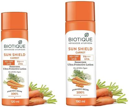 BIOTIQUE Sunscreen - SPF 50 PA+++ Carrot Sunscreen Lotion 120 ML & Carrot Sunscreen Lotion 190 ML