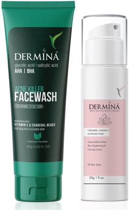 DERMINA Vitamin C Skin Lightening & Brightening Cream All Skin Types with Acne Killer Vitamin E Facewash