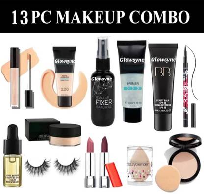 Glowsync Perfect Makeup combo of Oil,Primer,foundation, Concealer, Loose Powder,Puff, Fixer, Compact ,2 lipstick,eyelashes,eyeliner