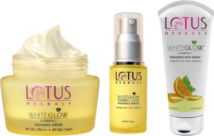 LOTUS HERBALS WhiteGlow Vitamin-C Facewash 50g,WhiteGlow VITAMIN-C SERUM 30ml,WhiteGlow Vitamin-C Creme SPF 20 I PA+++35g