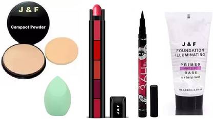 J & F Face Compact Powder, 5 in 1 Red Lipstick,Eyeliner,Blender Puff,Primer