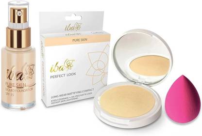 Iba Pure Skin Perfect Look Long-Wear Mattifying Compact (Snow White) + Liquid Foundation (Snow White) Combo + FREE Beauty Blender