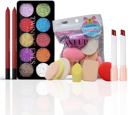 HUDA CRUSH Beauty Makeup Kit For Women, 10Color Glitter Eyeshadow Palette, 6p Blender Sponge Set, 2p Lipstick, 2P Lip Liner Contour Pencil