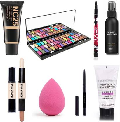 INDIANA HUDA Primer,Fixer,Foundation,Contour Stick,Blender Puff,Kajal,36H Eyeliner & 51 Multicolor Pigmented Lak U Eyeshadow Palette