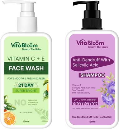 VitaBloom Vitamin C + E Super Bright Face Wash (150 ml) | Anti-Dandruff Shampoo With Salicylic Acid (150 ml)