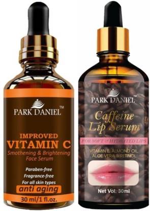 PARK DANIEL Improved Vitamin C Face Serum & Caffeine Lip Serum (for Soft & Hydrated Lips) - Combo Pack (Each, 30ml)