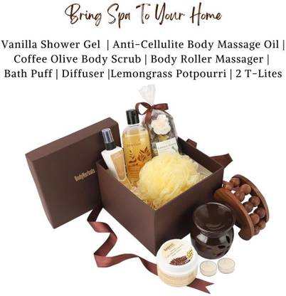 BodyHerbals Anti Cellulite Coffee Spa Hamper For Ultimate Bath & Body Experience (Vanilla Shower Gel 200ml, Apricot Body Massage Oil 65ml, Coffee Body Scrub 125gms, Body Roller Massager, Aroma Diffuser, Lemongrass Potpourri, Bath Puff) Bath Set & Kits, Body Care Gifts For loved ones, Birthday Gifts, Gifts for Couples, Sensual Bath, LuxuryBath, Gifts For Men and Women, Gifts for Girls and Boys, Wedding Gifts, Anniversary Gifts
