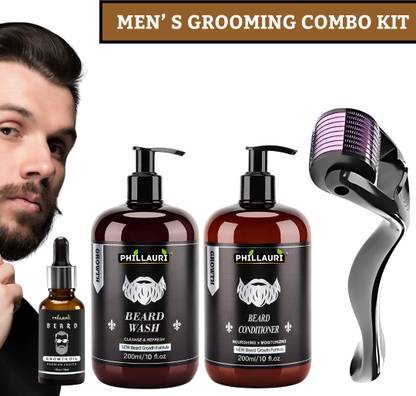 Phillauri Men's Beard Growth Oil 30ML + Beard Wash 200ML + Beard Conditioner 200ML + Derma Roller 0.5mm